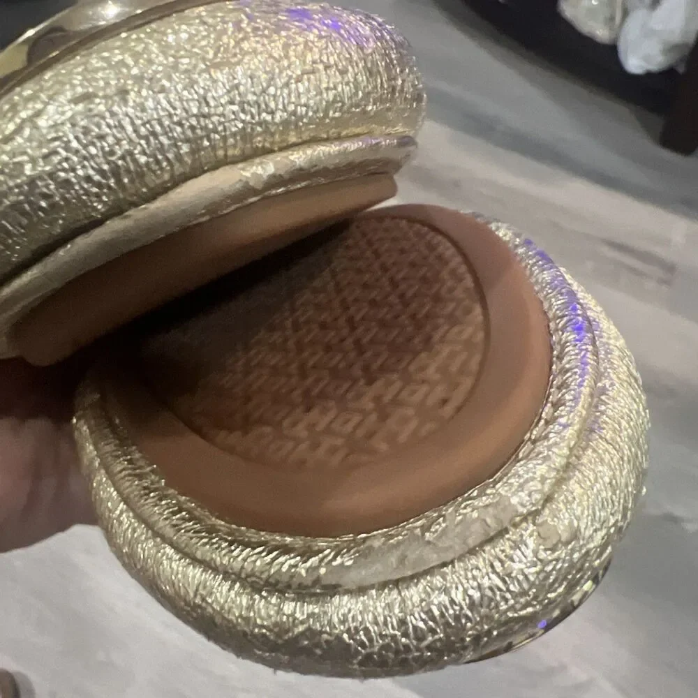Tory Burch Gold Leather Logo Ballet Flats Womens US 9 M Round Toe Slip On